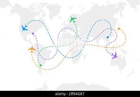 Colored planes and lines of air routes on a gray world map. Vector illustration Stock Vector