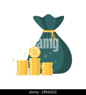 A bag of money and a pile of gold coins isolated on a white background. Flat vector illustration Stock Vector