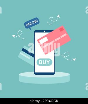 Smartphone on stand with buy button on screen and credit cards around. Online shopping concept. Vector illustration in flat style Stock Vector