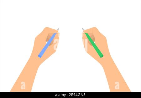 An ambidextrous person writing with both hands isolated on a white background. Flat vector illustration Stock Vector