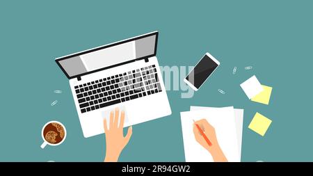 A hand writing on a piece of paper, a laptop, a smartphone, notes, a cup of coffee on a blue background. Top view of the workplace. Flat vector illust Stock Vector