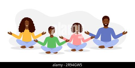 An African family in colorful casual clothes meditates together in the lotus position. Vector illustration in flat style Stock Vector