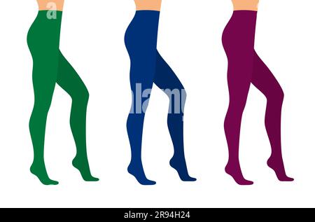 Beautiful female legs in colored tights on a white background, side view. Flat vector illustration Stock Vector