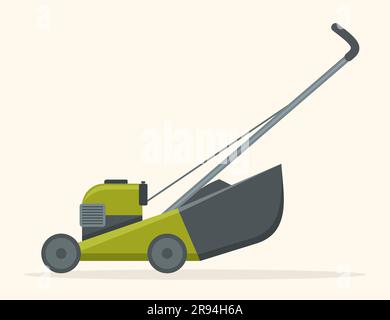 Green and gray lawn mower, side view. Gardening grass cutter. Vector illustration in flat style Stock Vector