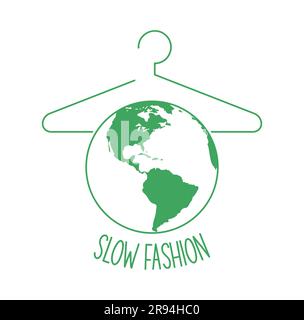 Green hanger with earth globe and text slow fashion on white background. Slow fashion concept. Vector illustration Stock Vector