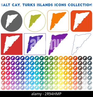 Salt Cay, Turks Islands icons collection. Bright colourful trendy map icons. Modern Salt Cay, Turks Islands badge with island map. Vector illustration Stock Vector