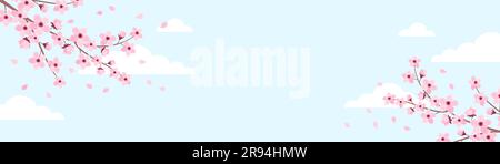 Pink cherry blossom frame on a blue background with copy space. Banner with sakura branches and clouds. Vector illustration in flat style Stock Vector