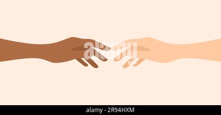 Two hands of different skin tones reaching towards each other. Flat vector illustration Stock Vector