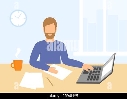 A man in casual clothes working at home on laptop. The concept of remote work or study. Vector illustration in flat style Stock Vector