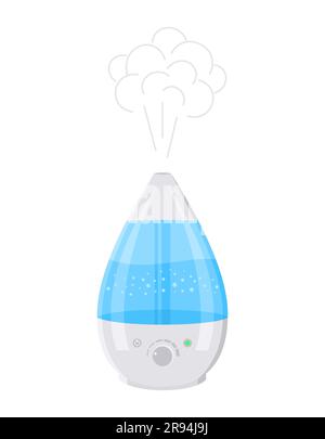 A working white and blue humidifier with water vapor isolated on a white background. Flat vector illustration Stock Vector