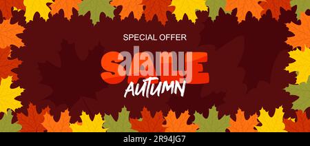 Autumn sale banner with frame of multicolored maple leaves on a red burgundy background. Flat vector illustration Stock Vector