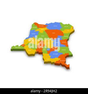 Democratic Republic of the Congo political map of administrative divisions - provinces. Colorful 3D vector map with country province names and dropped shadow. Stock Vector