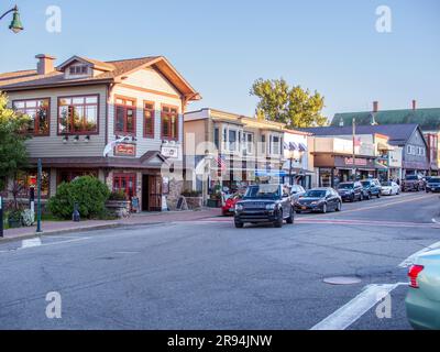 Main Street, located in Lake Placid in Upstate New York state, USA, is the core of the downtown area. Stock Photo