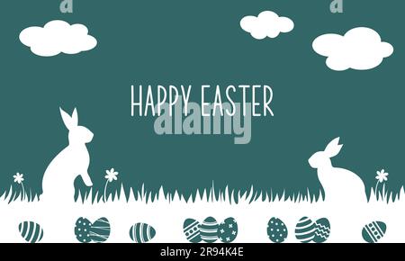 Easter greeting card. White rabbits and easter eggs in a grass and white clouds on a blue turquoise background Stock Vector