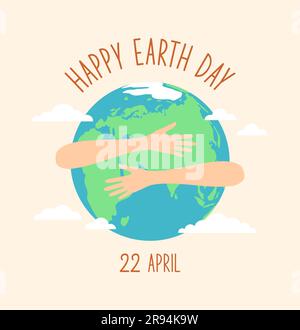 Hands hugging planet Earth. Happy Earth Day greeting card. Flat vector illustration Stock Vector