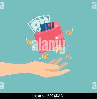 Hand holding red wallet with cash, credit cards and coins. Flat vector illustration Stock Vector