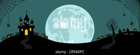 Full moon and black silhouettes of castle, spiders on web, pumpkins, graveyard on a blue background with copy space. Halloween banner. Flat vector ill Stock Vector
