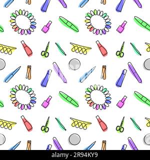 Vector seamless pattern of colorful manicure and pedicure tools on a white background Stock Vector