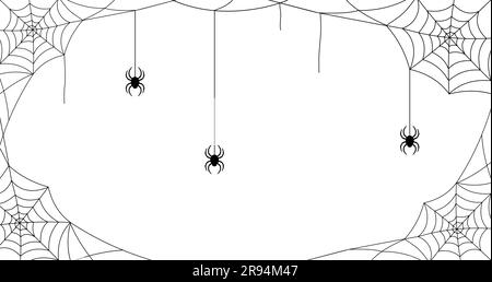 Black cobweb with spiders on a white background. Halloween frame Stock Vector