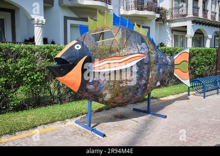 Fish Shaped Bottle Recycling Waste Collector Playa del Carmen Yucatan Mexico Stock Photo