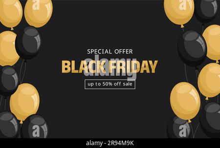 Black friday sale banner. Frame of black and gold balloons on a black background with typography. Flat vector illustration Stock Vector