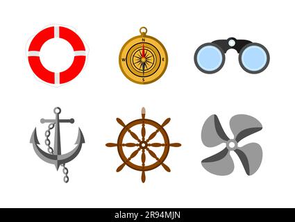 Vector set of colored realistic nautical icons. Lifebuoy, compass, anchor with chain, steering wheel, binoculars and ship propeller on a white backgro Stock Vector