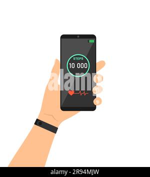 Hand holding a phone with a step tracking application on screen Stock Vector