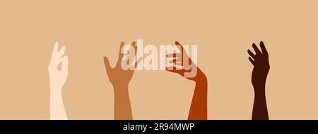 Four raised female hands of different skin color on a beige background. The concept of women's friendship and the movement for women's rights. Vector Stock Vector