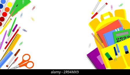 Multicolored school stationery and yellow backpack on a white background with copy space. Flat vector illustration. Top view Stock Vector