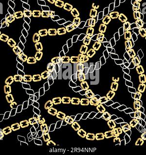 Fashion Seamless Pattern with Golden Chains. Print with gold chains on black background. Vector seamless pattern. Fabric design. Stock Vector