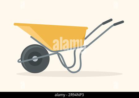Yellow garden wheelbarrow with gray handles, side view. Flat vector illustration Stock Vector