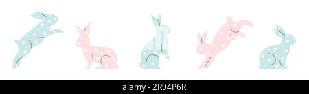 Easter bunny set in simple minimalist style. Cute rabbits with a floral pattern. Vector illustration Stock Vector