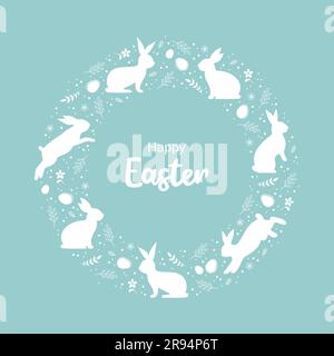 Easter greeting card. Round frame with Easter bunnies, eggs, flowers, leaves and typography inside. Vector illustration in flat style Stock Vector