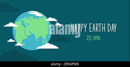 Happy Earth Day banner. Globe of the planet Earth with clouds around and typography on a dark blue background. Flat vector illustration Stock Vector