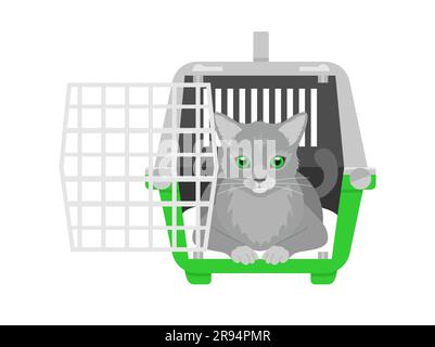 A gray cat sitting in an open green and gray pet carrier on a white background. Flat vector illustration Stock Vector