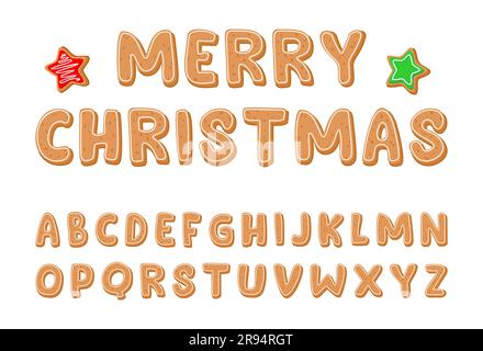 Merry Christmas. Vector alphabet in the shape of gingerbread cookies with white icing. Christmas font Stock Vector