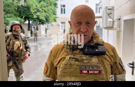 Rostov-on-Don, Ukraine. 24th June, 2023. A screen grab of Russian Yevgeny Prigozhin, owner of the Wagner Group of mercenaries broadcasting from inside the Russian Military Southern District headquarters surrounded by his loyal fighters, June 24, 2023 in Rostov-on-Don, Russia. Prigozhin launched a rebellion against Moscow accusing the government of lying to the nation and corruption. Credit: Pool Photo/Wagner Group/Alamy Live News Stock Photo