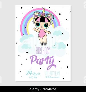 Birthday Invitation with cute Lol Dolls. Pink vector template of invitation card for little girl. Printable colorful invite. Place your text, picture, Stock Vector