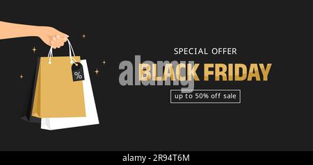 Black friday special offer banner. Female hand holding shopping bags on a black background with typography. Vector illustration in flat style Stock Vector