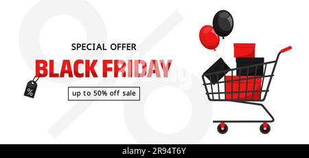 Black friday special offer banner. Shopping cart with red and black boxes, balloons, discount tag and typography on a white background. Flat vector il Stock Vector