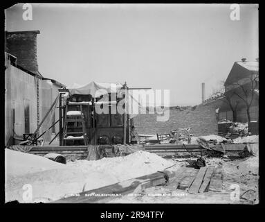 Building Number 41, Looking East. Glass Plate Negatives of the Construction and Repair of Buildings, Facilities, and Vessels at the New York Navy Yard. Stock Photo