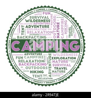 CAMPING word image. Camping concept with word clouds and round text. Nice colors and grunge texture. Astonishing vector illustration. Stock Vector
