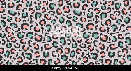 Seamless leopard pattern in black, green and pink colors on a gray background. Flat vector illustration Stock Vector