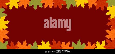 Autumn frame of colorful maple leaves on a red burgundy background with copy space. Flat vector illustration Stock Vector