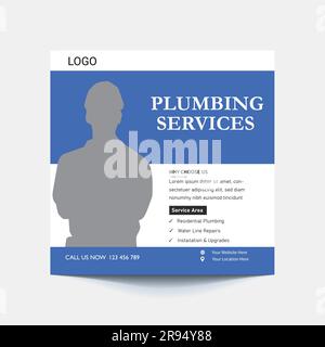 Plumbing service social media post template, plumber expert banner concept, repair pipes from sinks advertisement, toilets and bathrooms, abstract cam Stock Vector