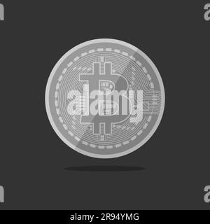 Silver bitcoin coin isolated on dark gray background. Crypto currency symbol. Flat vector illustration Stock Vector