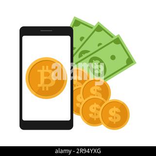 Smartphone with bitcoin symbol and paper dollars with coins coming out of it. Cryptocurrency technology and bitcoin exchange. Flat vector illustration Stock Vector