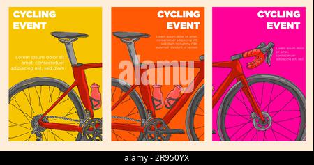 cycling event poster set. parts of road bike. abstract style vector illustration Stock Vector