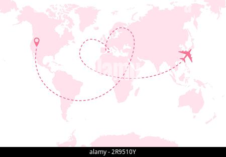 A pink airplane flying over a pink world map. Dashed route line in the form of a heart. Vector illustration Stock Vector