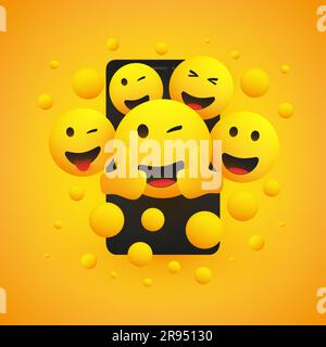 Various Smiling Happy Yellow Emoticons in Front of a Smartphone Screen, Vector Concept Illustration Stock Vector